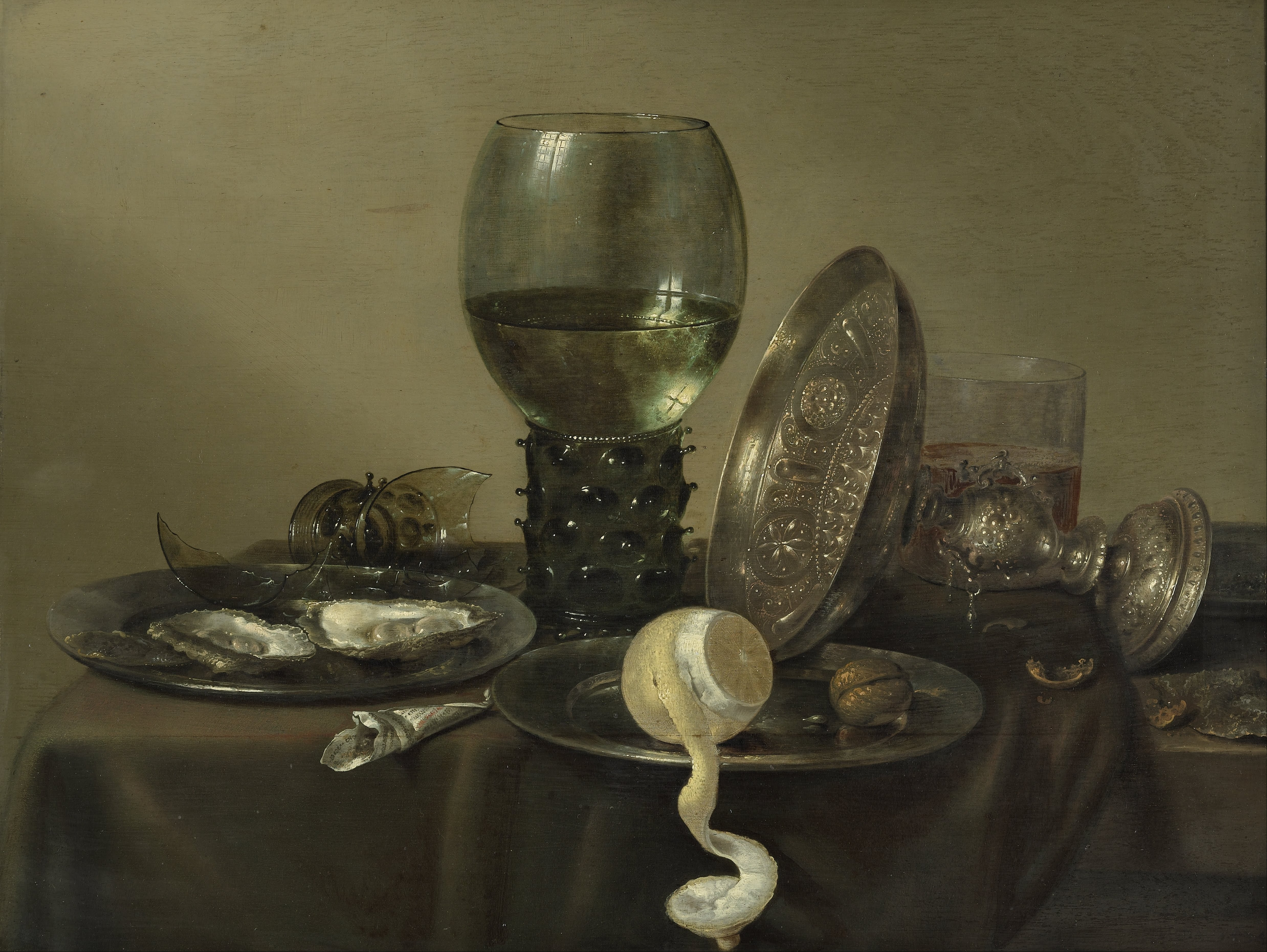 Willem Claeszoon Heda - Nature morte aux huîtres, Roemer, citron et coupe en argent