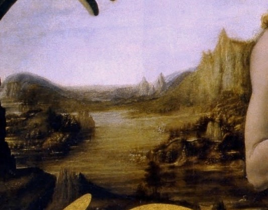 Andrea del Verrocchio et Leonardo da Vinci - Le baptême du Christ (détail du paysage) - 1472-75 - 177 × 151 cm - Galerie des Offices - Florence