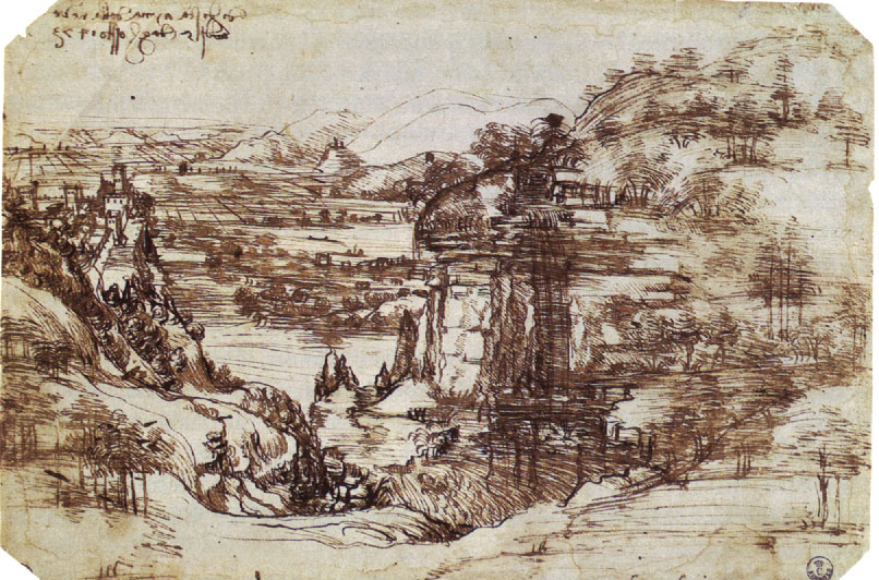 Leonardo da Vinci - Paysage de la vallée de l'Arno - 1473 - Galerie des Offices - Florence
